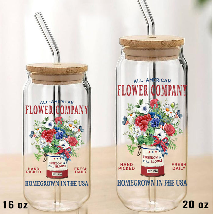 Farmhouse 4th of July Patriotic Flowers Can Glass with Lid Straw