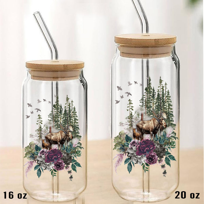 Moose in Forest Can Glass with Lid Straw