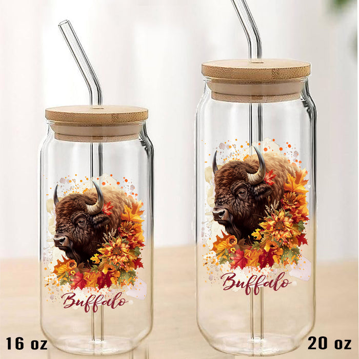 Autumn Fall Flowers Western Buffalo Can Glass with Lid Straw