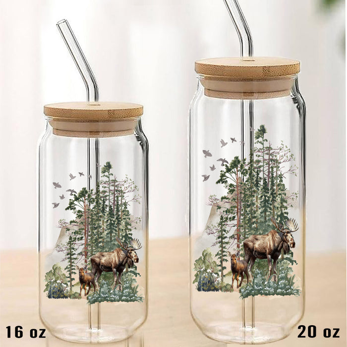 Moose in Forest Can Glass with Lid Straw