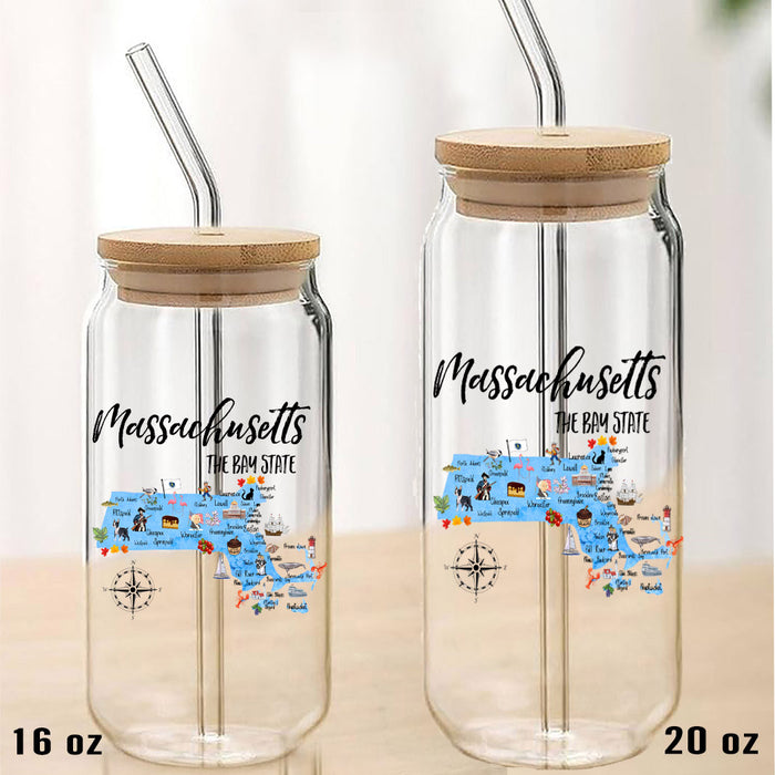 Massachusetts State Map Can Glass with Lid and Straw