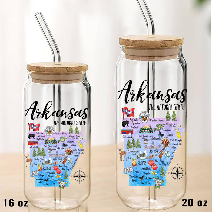 Arkansas State Map Can Glass with Lid Straw