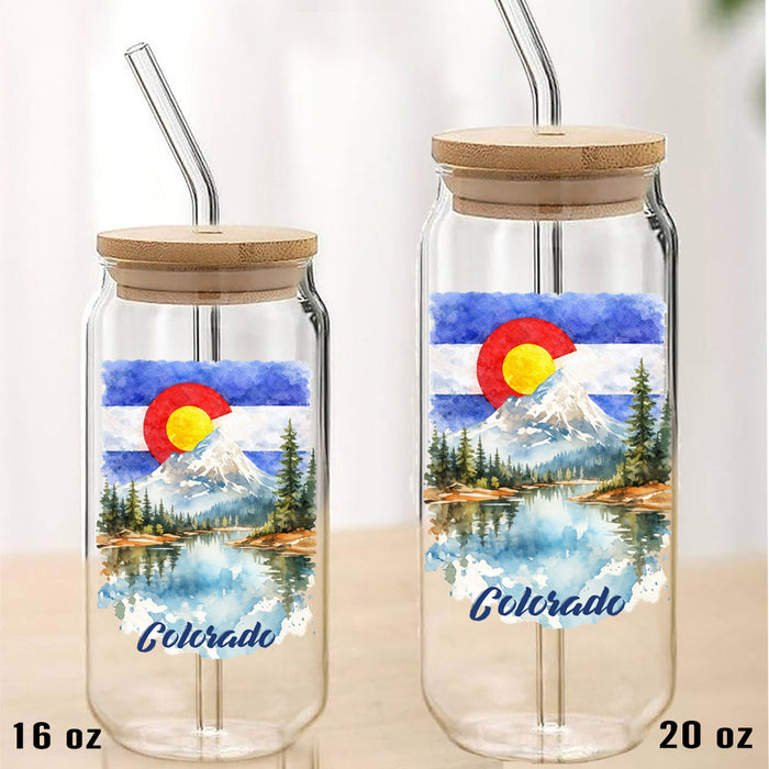 Colorado Mountain Scene State Flag Can Glass with Lid Straw