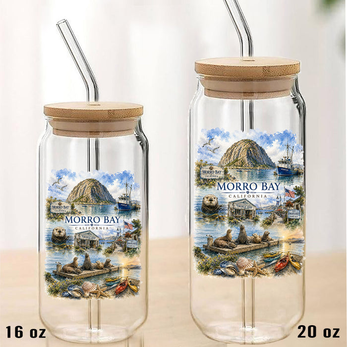 Morro Bay Collage Can Glass with Lid Straw