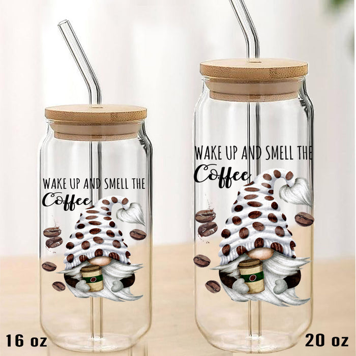 Gnome Wake Up and Smell The Coffee  Can Glass with Lid Straw