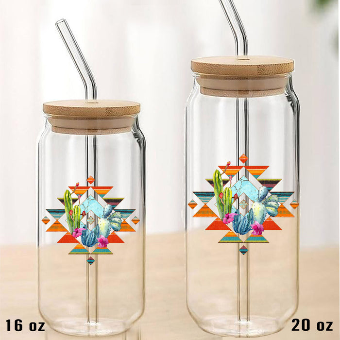 Western Aztec Cactus Southwestern Can Glass with Lid Straw