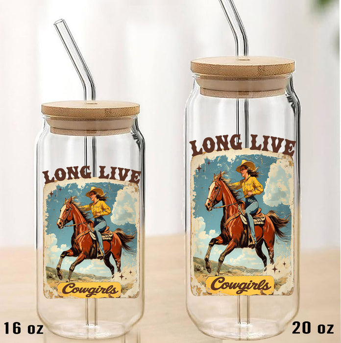 Vintage Cowgirls Long Live Cowgirls Can Glass with Lid and Straw