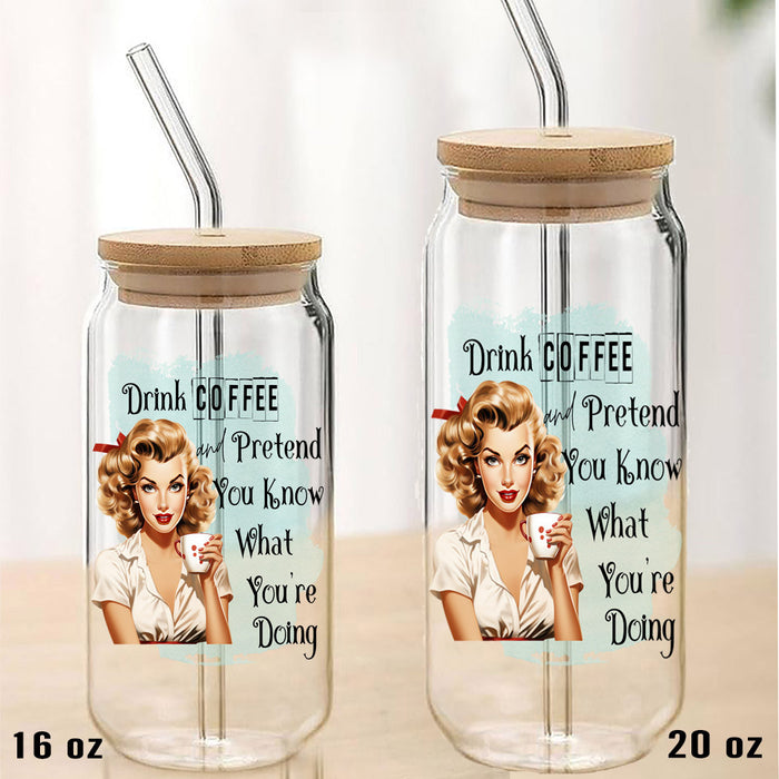 Drink Coffee Retro Housewife Funny Can Glass with Lid Straw