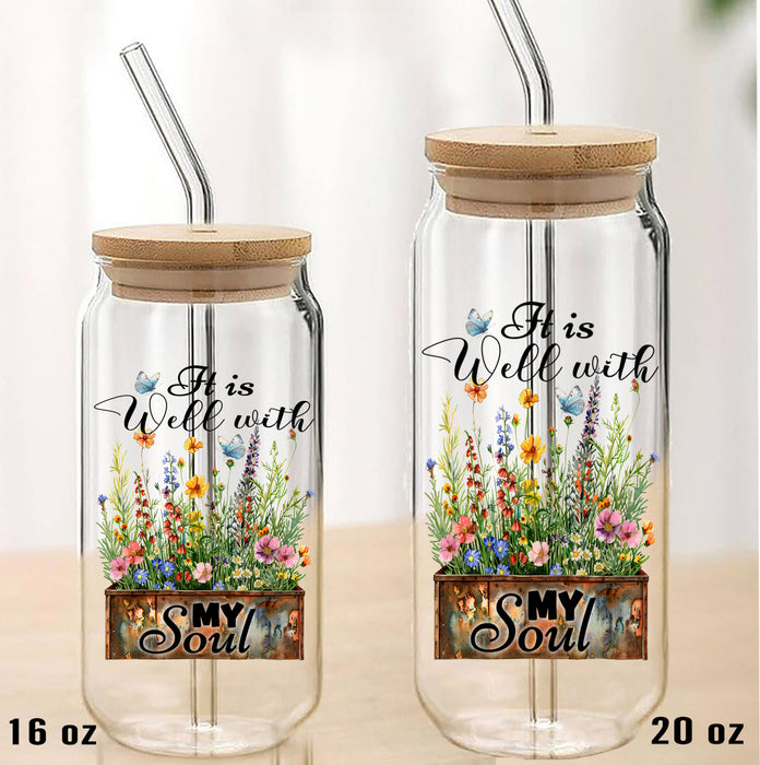 It Is Well with My Soul Flowers Spiritual Can Glass with Lid Straw