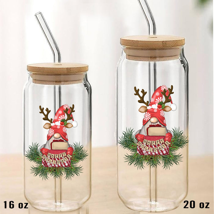 Christmas Gnome Reindeer Can Glass with Lid Straw