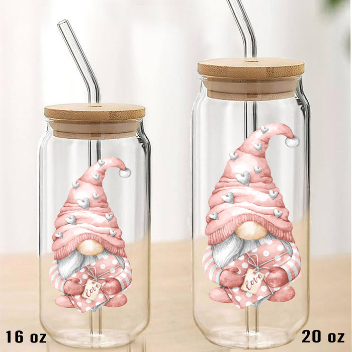 Valentine Gnome Love Hearts  Can Glass with Lid Straw