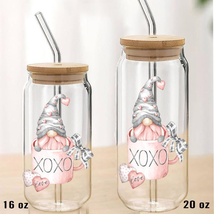 Valentine Gnome Love Coffee Cup  Can Glass with Lid Straw