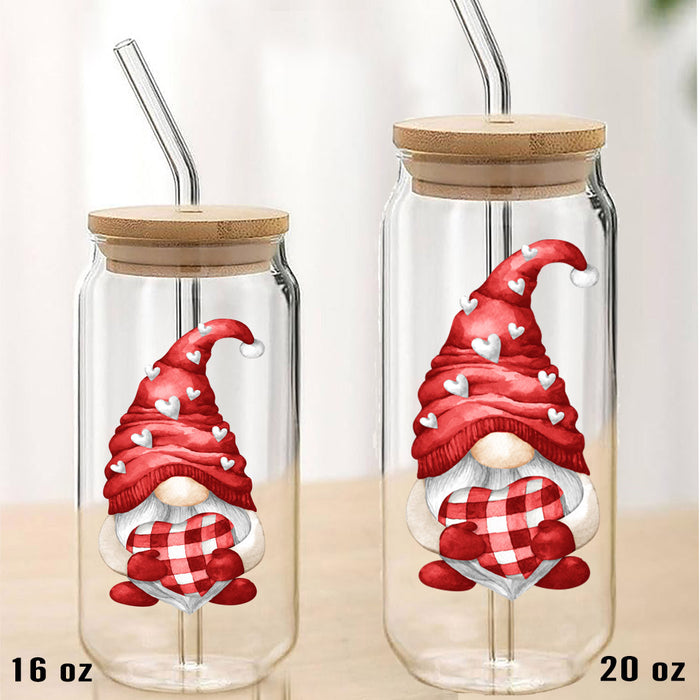 Valentine Red Gnome Hearts Can Glass with Lid Straw