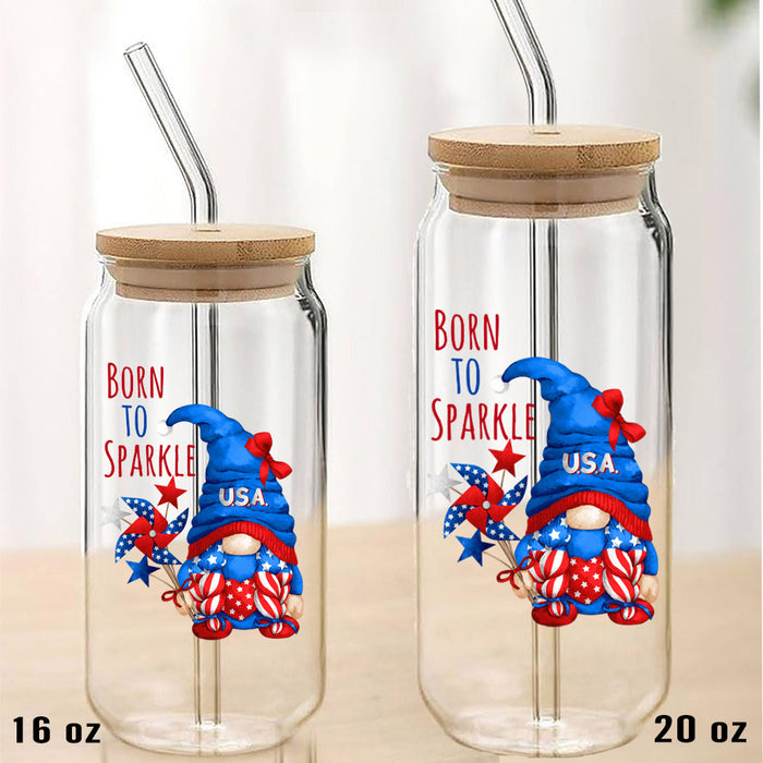 4th of July Gnome Born to Sparkle  Can Glass with Lid Straw