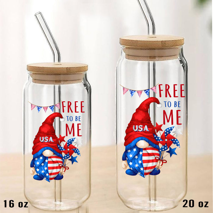 4th of July Gnome Free To be Me Can Glass with Lid Straw