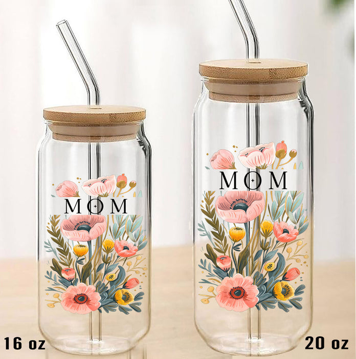 Mothers Day Mom Flowers Can Glass with Lid Straw