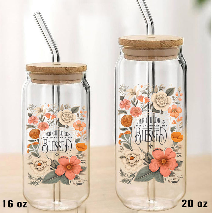 Mothers Day Children Call Her Blessed Can Glass with Lid Straw
