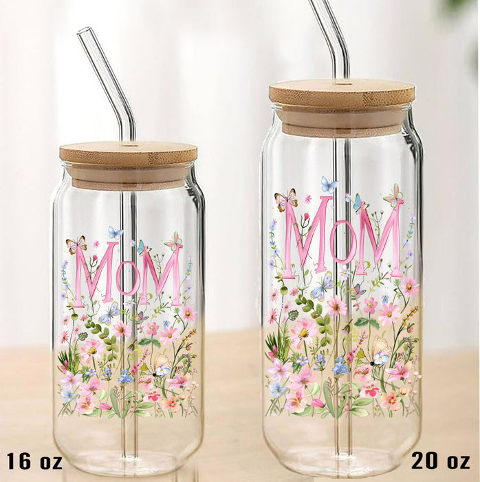 Mother's Day Wild Flowers Mom Can Glass with Lid Straw
