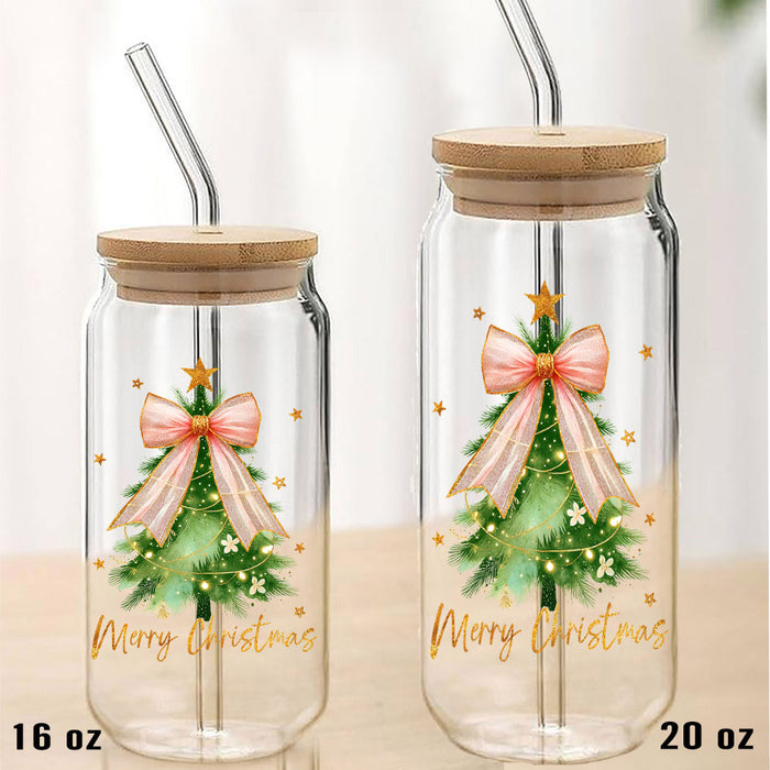 Merry Christmas tree Bow Gold Can Glass with Lid Straw