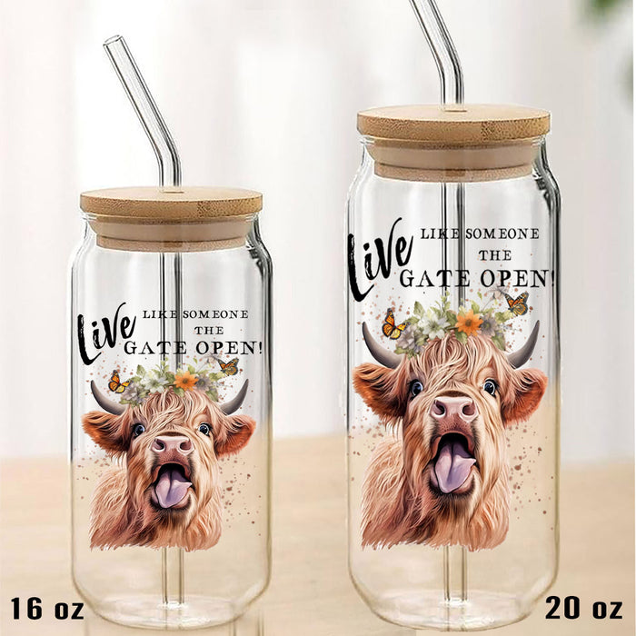 Highland Cow Life Life Gate Open Can Glass with Lid Straw