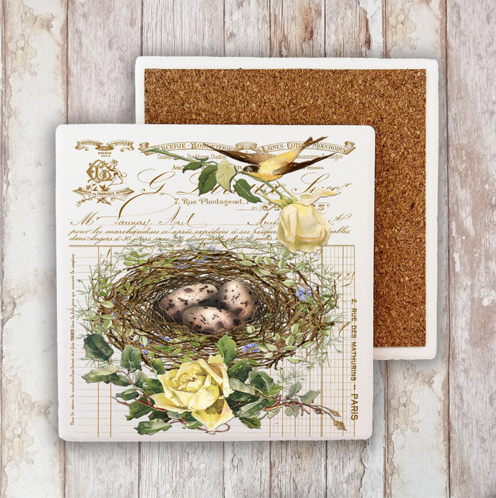 Vintage Shabby Chic Birds Nest Roses Stone Coaster