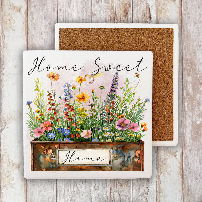 Home Sweet Home Country Field Flowers Stone Coaster
