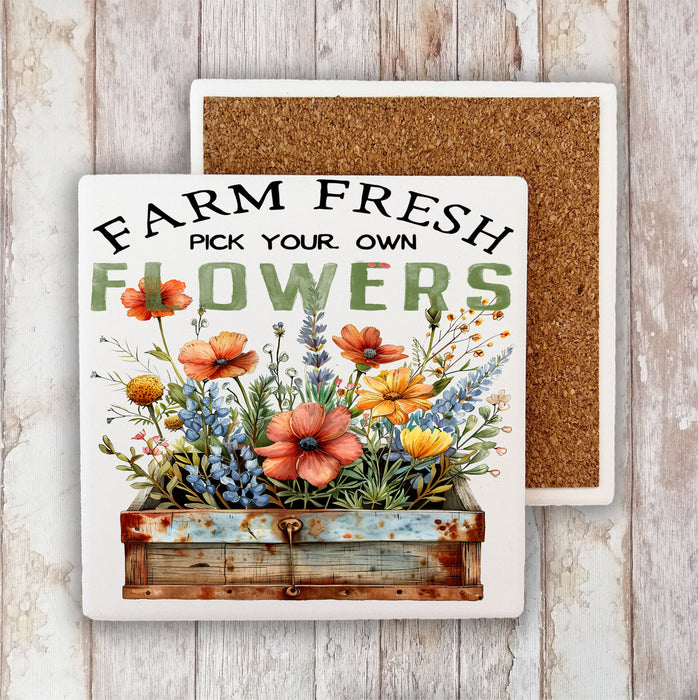 Farm Fresh Field Country Flowers Stone Coaster