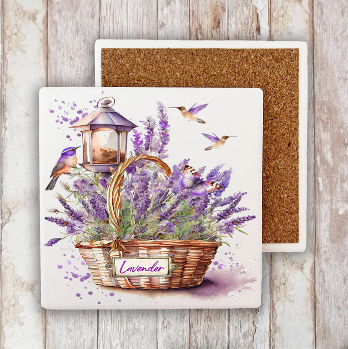 Basket of Lavender Humming Birds Stone Coaster