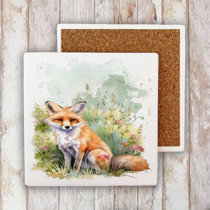 Fox Animal in Grass Flowers Stone Coaster