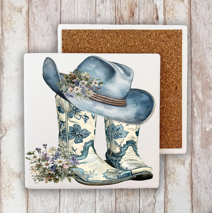 Western Blue & White Cowboy Boots Stone Coaster
