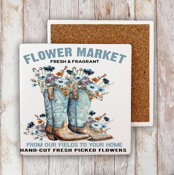 Western Cowboy Boots Flower Market Stone Coaster