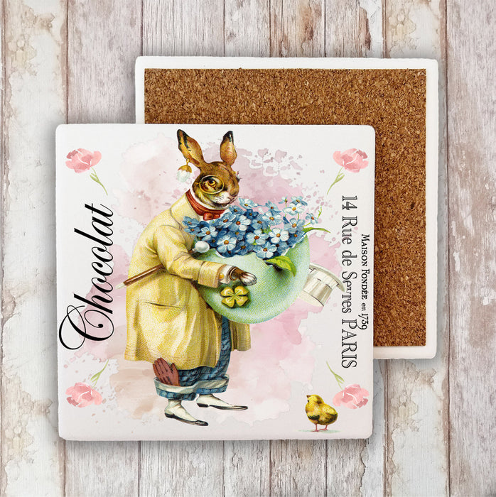 Vintage French Easter Bunny Chocolate Stone Coaster