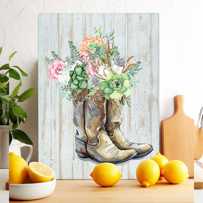 Western Cowboy Boots Succulent Southwestern Glass Cutting Board