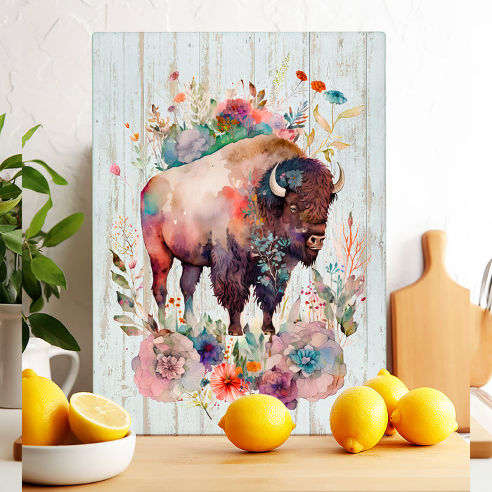 Western Buffalo Colorful Flowers Glass Cutting Board
