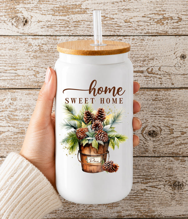 Home Sweet Home Bucket Pine Cones Glass Cup