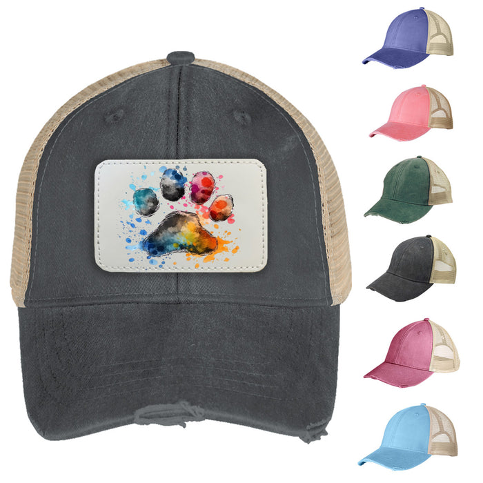 Dog Paw Leather Patch Distressed Mesh Snapback Hat