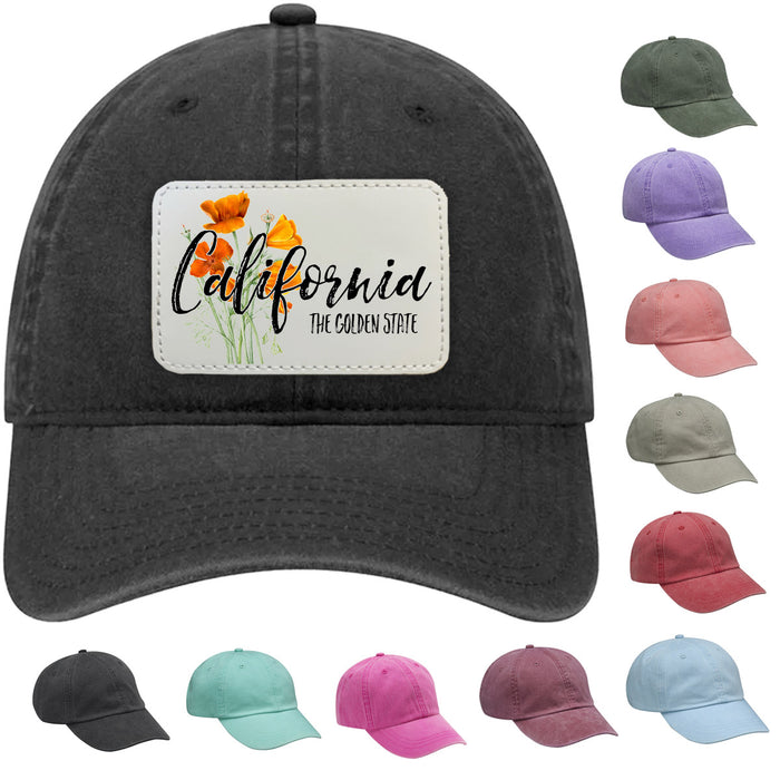 California Poppy Flower Leather Patch Baseball Cap Hat