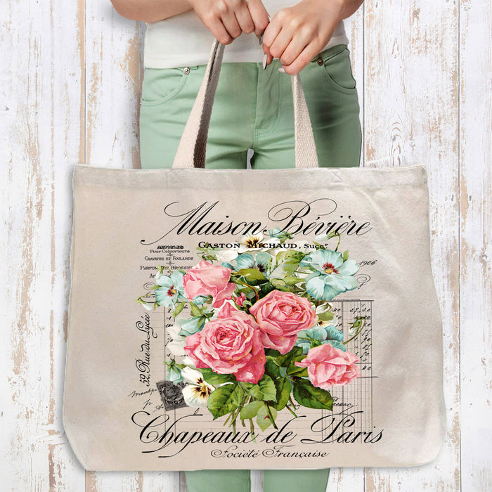 Maison Beviere French Roses Canvas Tote Bag-Large