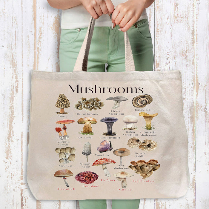 Vintage Mushrooms Variety Canvas Tote Bag-Large