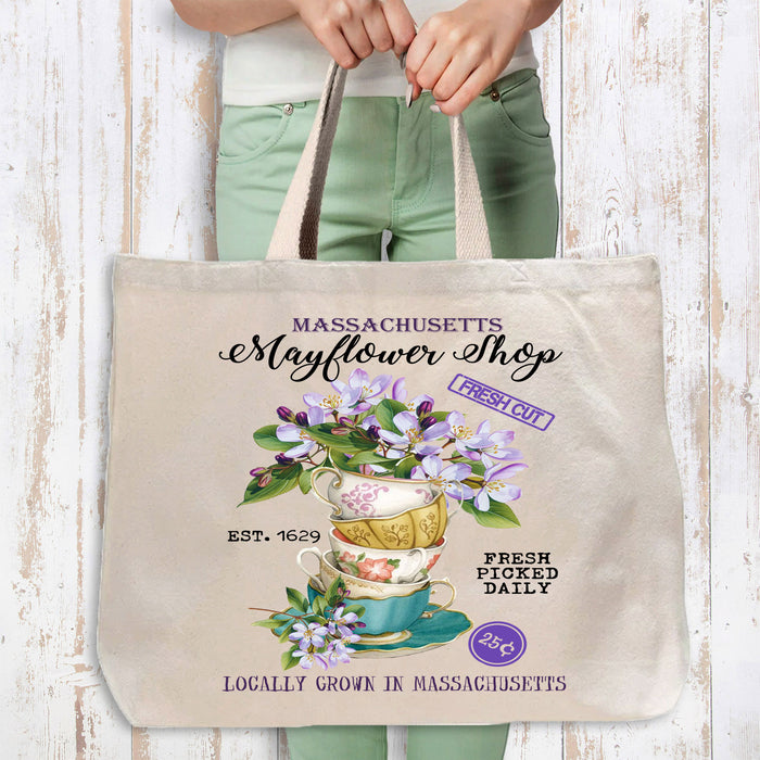 Massachusetts State Flower Canvas Tote Bag-Large