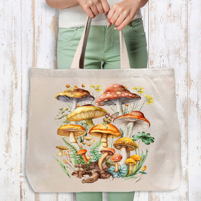 Vintage Mushrooms Botanicals Fairy Canvas Tote Bag-Large