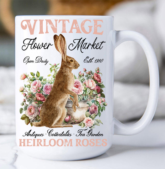 Vintage Easter Bunny Heirloom Roses Coffee Mug