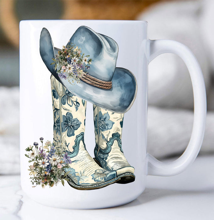 Western Blue White Cowboy Boots Coffee Mug — Avery Lane Gifts