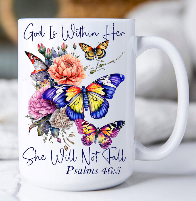 She Will Not Fall Butterfly Spiritual Coffee Mug