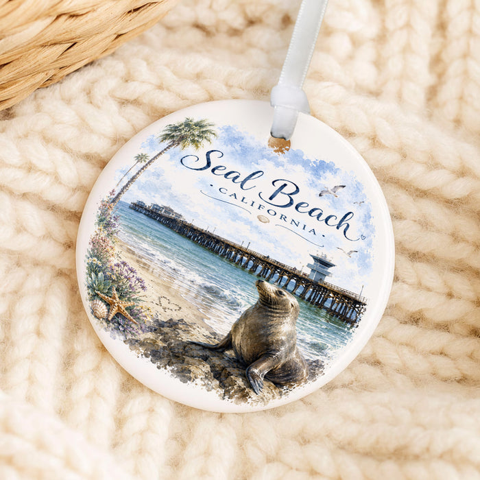 Ocean Scene with Seal "Seal Beach, CA" Ornament