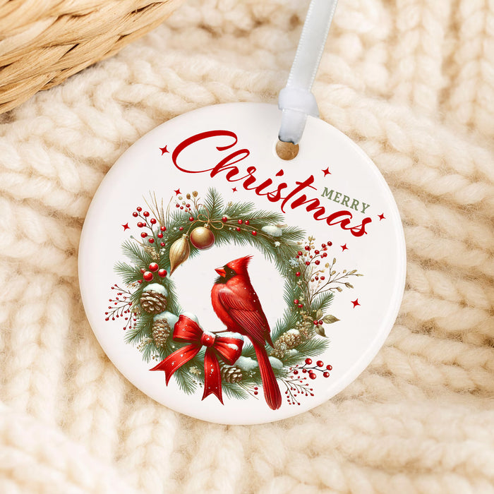 Christmas  With Wreath and Cardinal Ornament