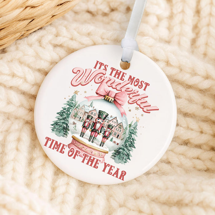 Pink Christmas Nutcracker Snow Globe Ornament
