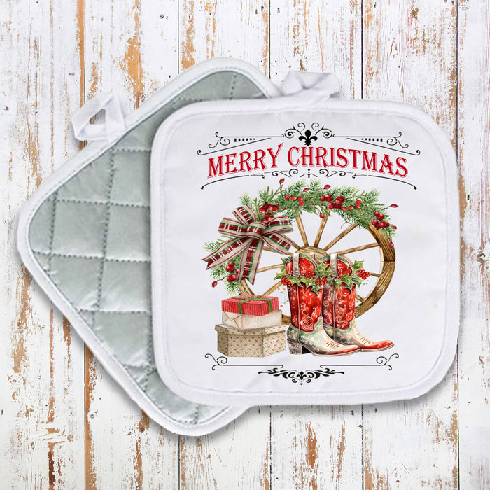 Merry Christmas Red Cowboy Boots Western Pot Holder