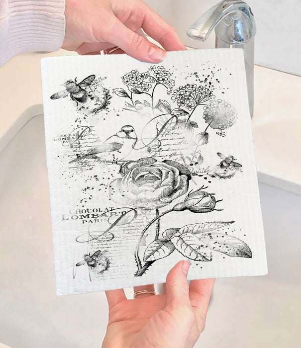 Vintage Shabby Chic Birds & Bees Swedish Dishcloth
