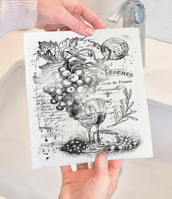 Vintage Shabby Wine and Grapes Swedish Dishcloth